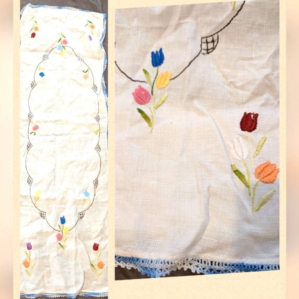 Vintage‎ floral tulip embroidered linen table runner crochet trim